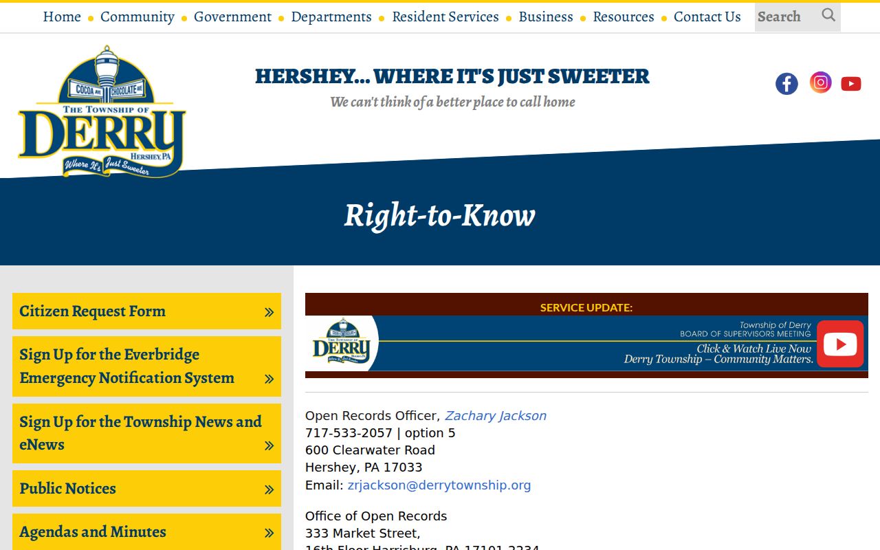 Derry Township residents directory Right-to-Know request page