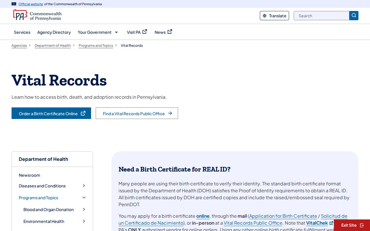 Derry Township residents directory Pennsylvania Vital Records application page
