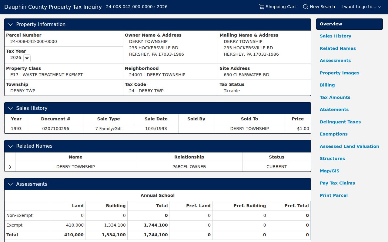 Derry Township neighbors parcel record in Dauphin County property inquiry