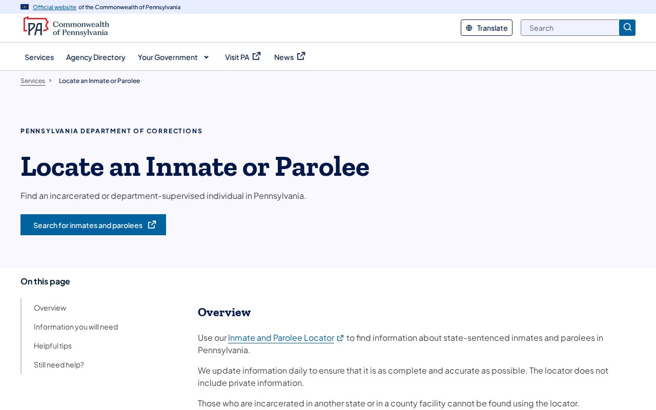 Derry Township resident lookup through Pennsylvania inmate and parolee locator