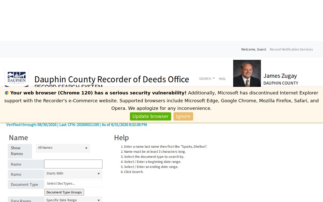 Derry Township street directory Recorder name-search screen