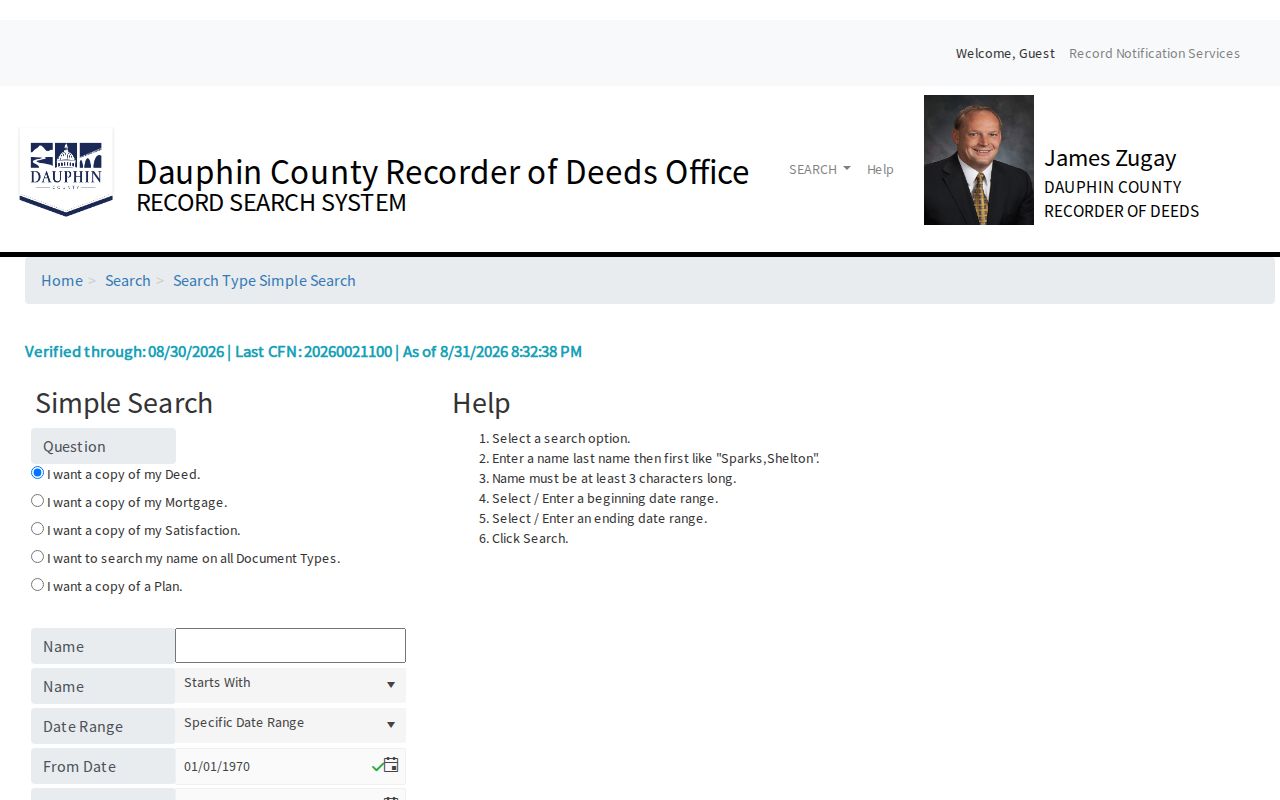 Derry Township street directory Recorder simple-search screen