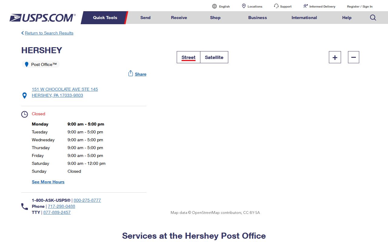 Derry Township ZIP code directory and USPS Hershey location